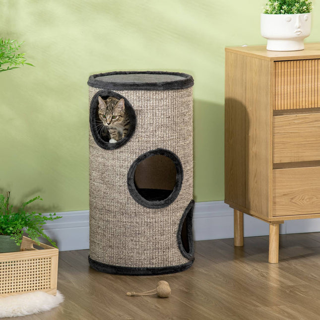 Jeu De Baril À Gratter Et Baril À Gratter Pour Chats Avec 3 Grottes, En Sisal Et Peluche, Gris, Ø38X70Cm