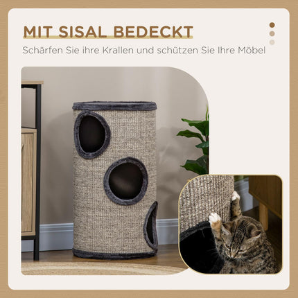 Jeu De Baril À Gratter Et Baril À Gratter Pour Chats Avec 3 Grottes, En Sisal Et Peluche, Gris, Ø38X70Cm