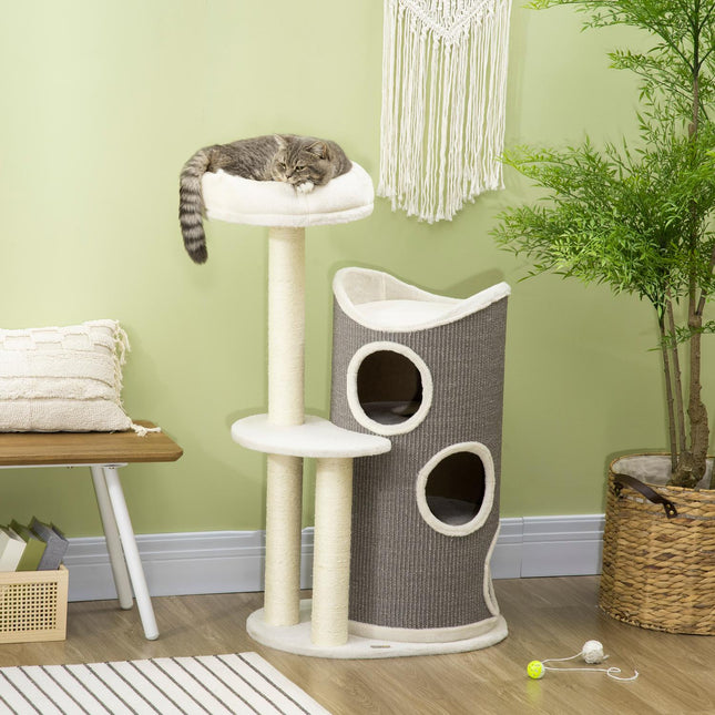 Katzenbaum 109cm mit Kratzstamm & Liegefläche, grau/weiß