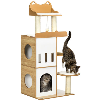 Arbre À Chat 133 Cm, Arbre À Chat, Arbre À Chat Avec 2 Grottes À Chat, Avec Arbres À Chat, Coussins, Balle De Jeu, Meubles Pour Chat, Intérieur, Chêne + Blanc