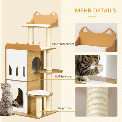 Arbre À Chat 133 Cm, Arbre À Chat, Arbre À Chat Avec 2 Grottes À Chat, Avec Arbres À Chat, Coussins, Balle De Jeu, Meubles Pour Chat, Intérieur, Chêne + Blanc