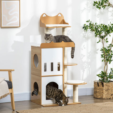 Arbre À Chat 133 Cm, Arbre À Chat, Arbre À Chat Avec 2 Grottes À Chat, Avec Arbres À Chat, Coussins, Balle De Jeu, Meubles Pour Chat, Intérieur, Chêne + Blanc