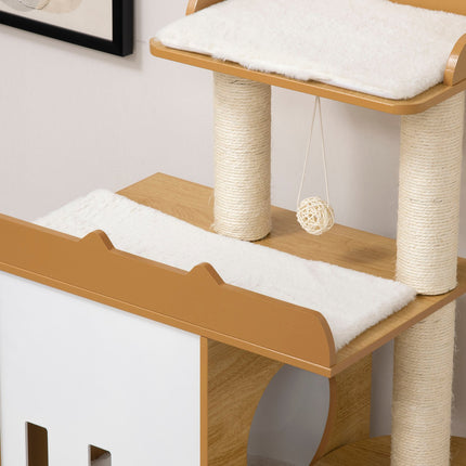 Arbre À Chat 133 Cm, Arbre À Chat, Arbre À Chat Avec 2 Grottes À Chat, Avec Arbres À Chat, Coussins, Balle De Jeu, Meubles Pour Chat, Intérieur, Chêne + Blanc