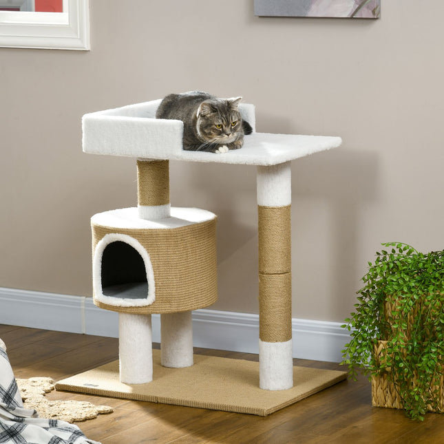 Arbre À Chat De 79 Cm, Petit Arbre À Chat Avec Grotte Et Zone De Couchage, Pour Chats Jusqu'À 8 Kg, Jute, Marron/Blanc
