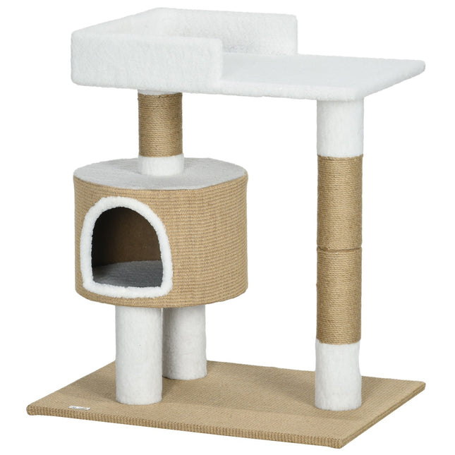 Arbre À Chat De 79 Cm, Petit Arbre À Chat Avec Grotte Et Zone De Couchage, Pour Chats Jusqu'À 8 Kg, Jute, Marron/Blanc
