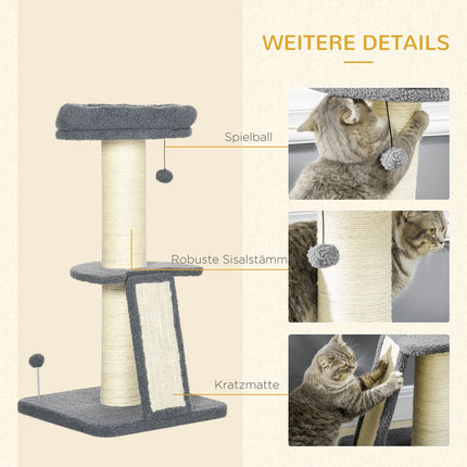 Arbre À Chat 92H Cm, Arbre À Grimper Avec Planche À Gratter Et Balle De Jeu, Colonne En Sisal Épais, Imitation Peau D'Agneau, Gris Foncé + Blanc Crème