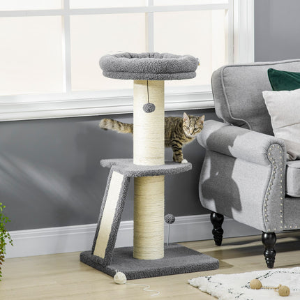 Arbre À Chat 92H Cm, Arbre À Grimper Avec Planche À Gratter Et Balle De Jeu, Colonne En Sisal Épais, Imitation Peau D'Agneau, Gris Foncé + Blanc Crème