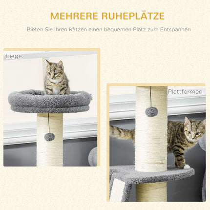Arbre À Chat 92H Cm, Arbre À Grimper Avec Planche À Gratter Et Balle De Jeu, Colonne En Sisal Épais, Imitation Peau D'Agneau, Gris Foncé + Blanc Crème