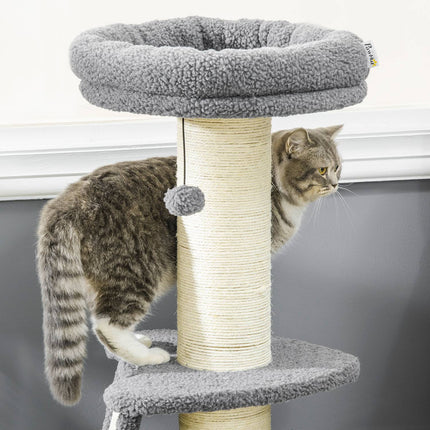 Arbre À Chat 92H Cm, Arbre À Grimper Avec Planche À Gratter Et Balle De Jeu, Colonne En Sisal Épais, Imitation Peau D'Agneau, Gris Foncé + Blanc Crème