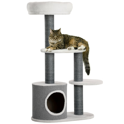 Cat tree with cave & scratching post, 98cm, grey/white