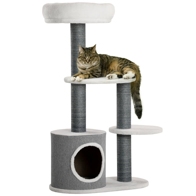 Katzenbaum mit Höhle & Kratzbaum, 98cm, grau/weiß