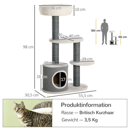 Cat tree with cave & scratching post, 98cm, grey/white