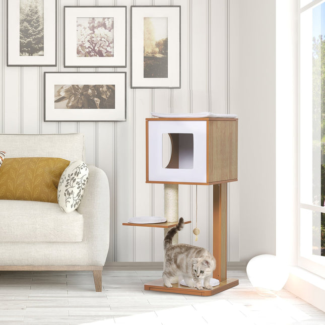 Griffoir Pour Chat Avec Grotte Et Poteaux En Sisal, 4 Coussins, Mdf, 50X40X91 Cm