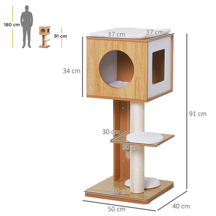 Griffoir Pour Chat Avec Grotte Et Poteaux En Sisal, 4 Coussins, Mdf, 50X40X91 Cm