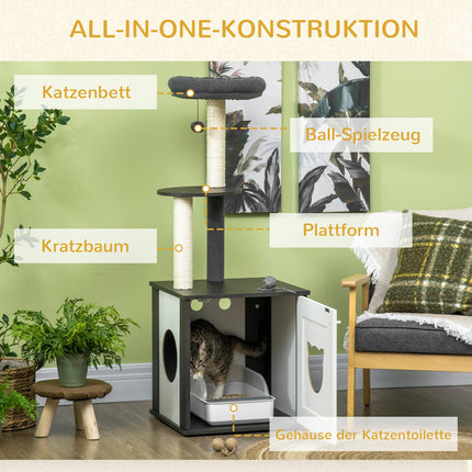 Katzenkratzbaum mit Sisalstämmen und Liegefläche, dunkelgrau/weiß