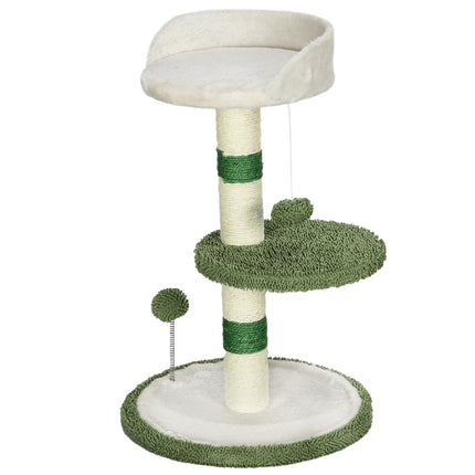 Arbre À Chat Rond De 64 Cm, Petit Arbre À Chat Avec Zone De Couchage Et Balle Jouet, Pour Chats Jusqu'À 4 Kg, Sisal, Blanc/Vert