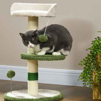 Arbre À Chat Rond De 64 Cm, Petit Arbre À Chat Avec Zone De Couchage Et Balle Jouet, Pour Chats Jusqu'À 4 Kg, Sisal, Blanc/Vert