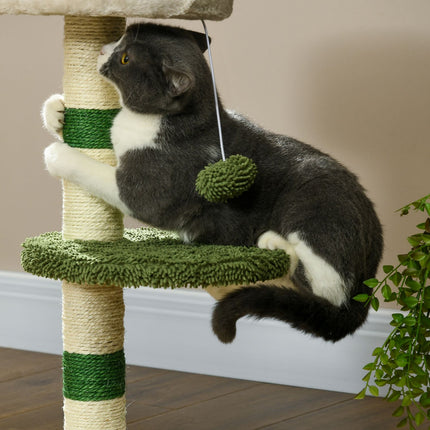 Arbre À Chat Rond De 64 Cm, Petit Arbre À Chat Avec Zone De Couchage Et Balle Jouet, Pour Chats Jusqu'À 4 Kg, Sisal, Blanc/Vert