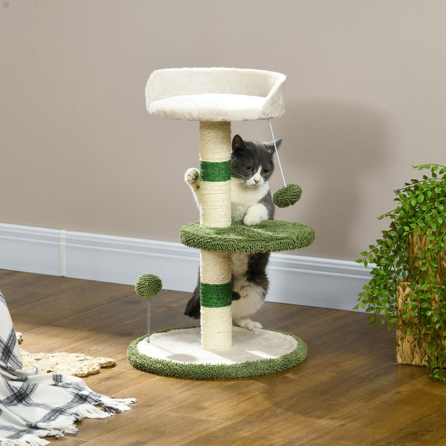 Arbre À Chat Rond De 64 Cm, Petit Arbre À Chat Avec Zone De Couchage Et Balle Jouet, Pour Chats Jusqu'À 4 Kg, Sisal, Blanc/Vert