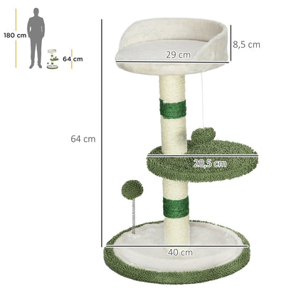 Arbre À Chat Rond De 64 Cm, Petit Arbre À Chat Avec Zone De Couchage Et Balle Jouet, Pour Chats Jusqu'À 4 Kg, Sisal, Blanc/Vert