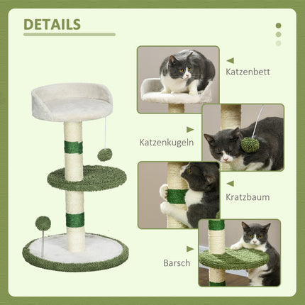 Arbre À Chat Rond De 64 Cm, Petit Arbre À Chat Avec Zone De Couchage Et Balle Jouet, Pour Chats Jusqu'À 4 Kg, Sisal, Blanc/Vert