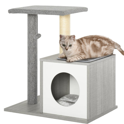 Katzenkratzbaum mit Höhle, weichem Plüschkissen, Grau und Weiß