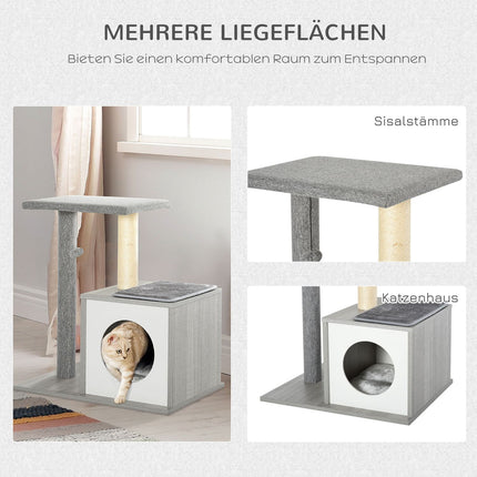 Katzenkratzbaum mit Höhle, weichem Plüschkissen, Grau und Weiß