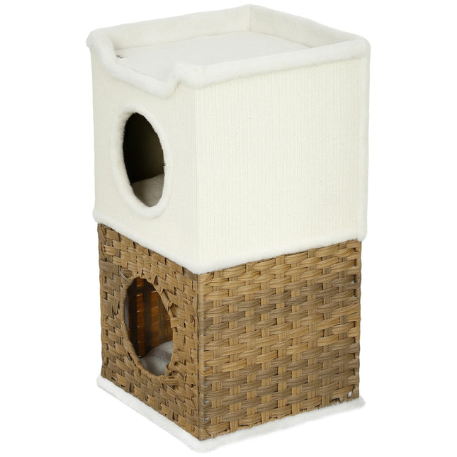 Tonneau à gratter de 75,5 cm de haut, à trois niveaux avec bord en peluche, coussin, grotte pour chats, pour chats de taille moyenne, blanc crème
