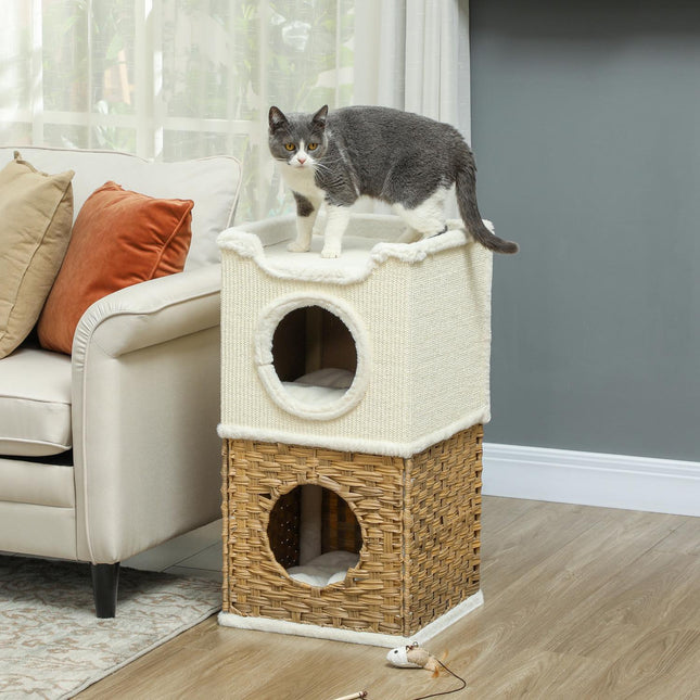 Tonneau à gratter de 75,5 cm de haut, à trois niveaux avec bord en peluche, coussin, grotte pour chats, pour chats de taille moyenne, blanc crème
