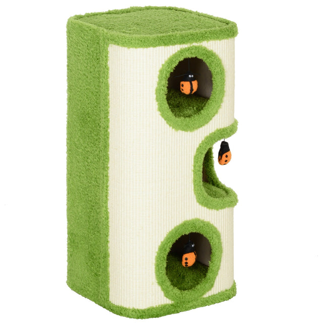 Griffoir 76 cm de haut, tonneau pour chat avec 3 grottes, griffoir avec jouet coccinelle, tour à chat en sisal, pour chats jusqu'à 5 kg, vert + blanc crème