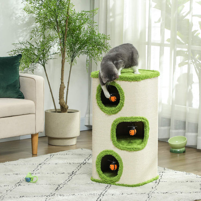 Griffoir 76 cm de haut, tonneau pour chat avec 3 grottes, griffoir avec jouet coccinelle, tour à chat en sisal, pour chats jusqu'à 5 kg, vert + blanc crème