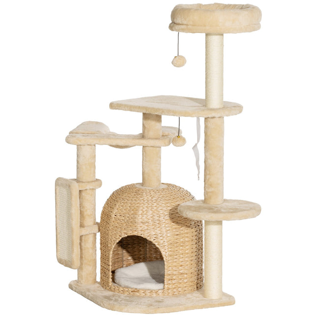Arbre à chat 112 cm avec grotte pour chat, lit, balles de jeu, arbre à chat avec griffoirs en sisal, pour chats jusqu'à 5 kg, beige