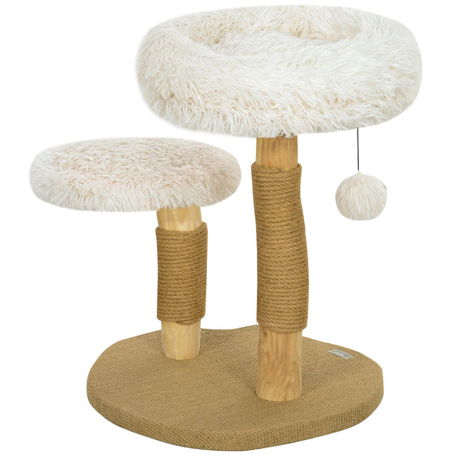 Arbre à chat de 61,5 cm de haut avec balle de jeu, lits, tour à chat avec planche à chat, pour chats de moins de 5 kg, bois de poirier, blanc