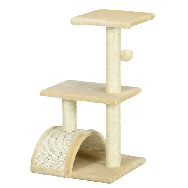 Kratzbaum 72 cm Katzenturm mit Plüschbällen, Sisalstämmen, Plattform, Kratzbrett creme-weiß