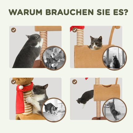 Kratzbaum 98 cm Katzenturm im Hirsch-Design, mit Höhle, Spielball, Jute-Stämmen braun