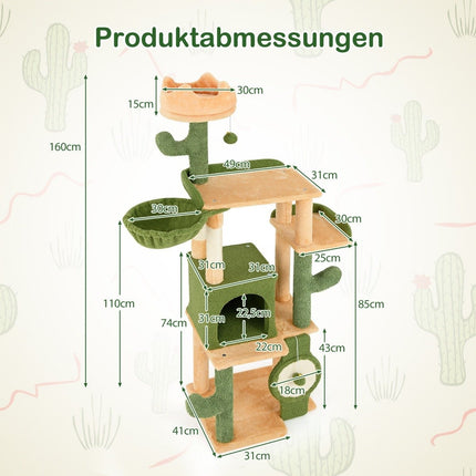 Arbre à chat cactus 160 cm, arbre à chat avec grotte à chat, arbre à chat en bois