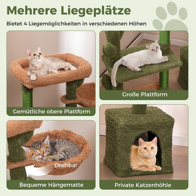Kratzbaum Kaktus Katzenbaum mit Plattformen Hängematte Katzenhöhle Grün + Braun (81cm hoch)