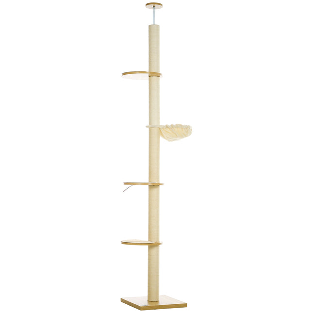 Arbre à chat, arbre à chat haut plafond, 230-250 cm, arbre à grimper avec hamac, arbre à chat réglable en hauteur, arbre de jeu avec protection des pointes, peluche, chêne + blanc crème