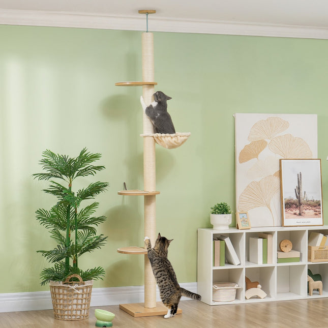 Arbre à chat, arbre à chat haut plafond, 230-250 cm, arbre à grimper avec hamac, arbre à chat réglable en hauteur, arbre de jeu avec protection des pointes, peluche, chêne + blanc crème