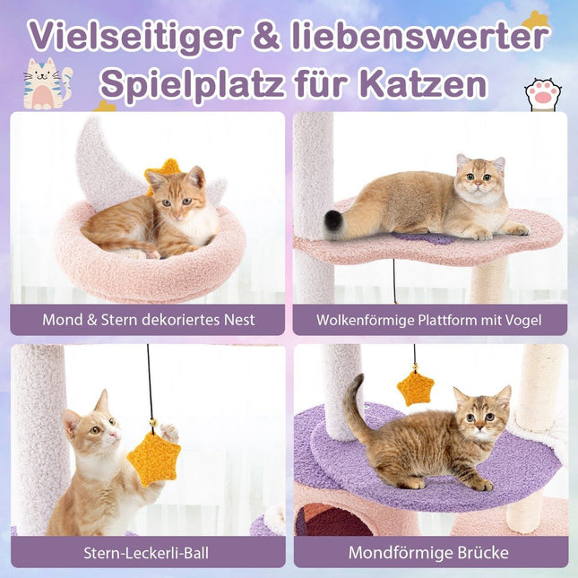 Kratzbaum Katzenbaum mit Katzenhöhle &amp; Hängematte &amp; Spielzeug Lila + Rosa 59 x 49 x 140 cm