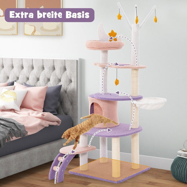 Kratzbaum Katzenbaum mit Katzenhöhle &amp; Leiter &amp; Hängematte &amp; Spielzeug 59 x 49 x 158cm lila + rosa