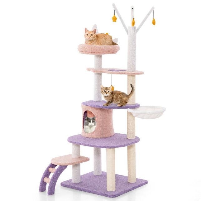 Kratzbaum Katzenbaum mit Katzenhöhle &amp; Leiter &amp; Hängematte &amp; Spielzeug 59 x 49 x 158cm lila + rosa