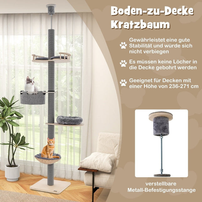 Poteau à chat haut plafond 236-271 cm du sol au plafond meuble pour chat bois gris