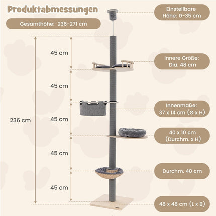 Poteau à chat haut plafond 236-271 cm du sol au plafond meuble pour chat bois gris