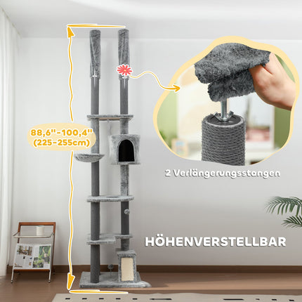Hoher Katzenkratzbaum mit Höhle, Korb und Spielball, grau