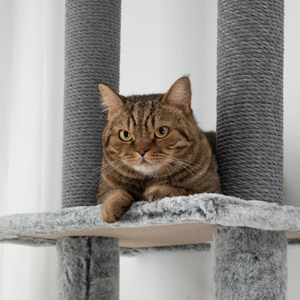 Hoher Katzenkratzbaum mit Höhle, Korb und Spielball, grau