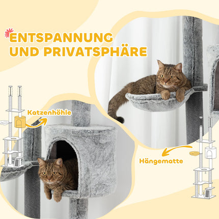 Hoher Katzenkratzbaum mit Höhle, Korb und Spielball, grau