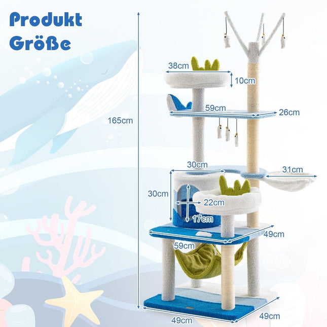 Kratzbaum im Meeresmotiv mit Sisalstämmen &amp; Katzenhöhle &amp; Sitzgelegenheiten &amp; Hängematte blau