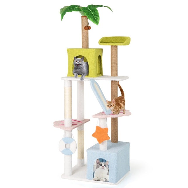 Kratzbaum im Stranddesign mit 2 Katzenhäusern &amp; Aussichtsplattform Katzenturm Katzenbaum