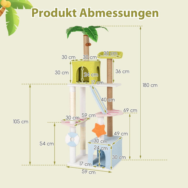 Kratzbaum im Stranddesign mit 2 Katzenhäusern &amp; Aussichtsplattform Katzenturm Katzenbaum